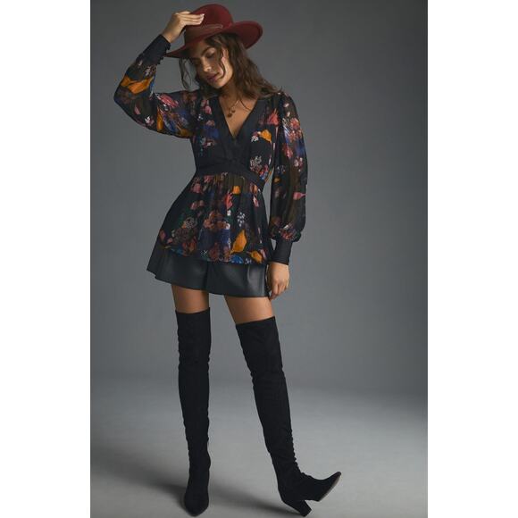 Anthropologie Maeve Floral Chiffon Blouse Open Back Tunic Cottagecore US 4 NWT - Picture 3 of 16